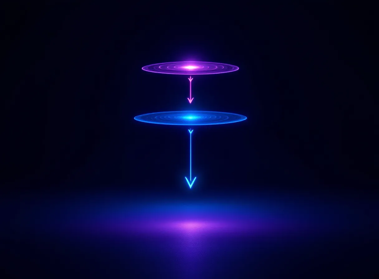 Abstract three-tier signaling axis illustration with luminous nodes connected by descending arrows