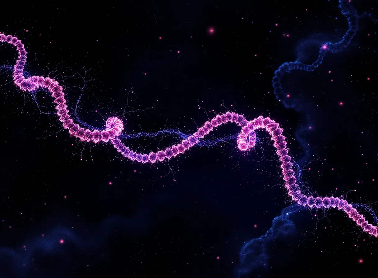Abstract illustration comparing a short peptide chain and a longer peptide chain as glowing molecular abstractions