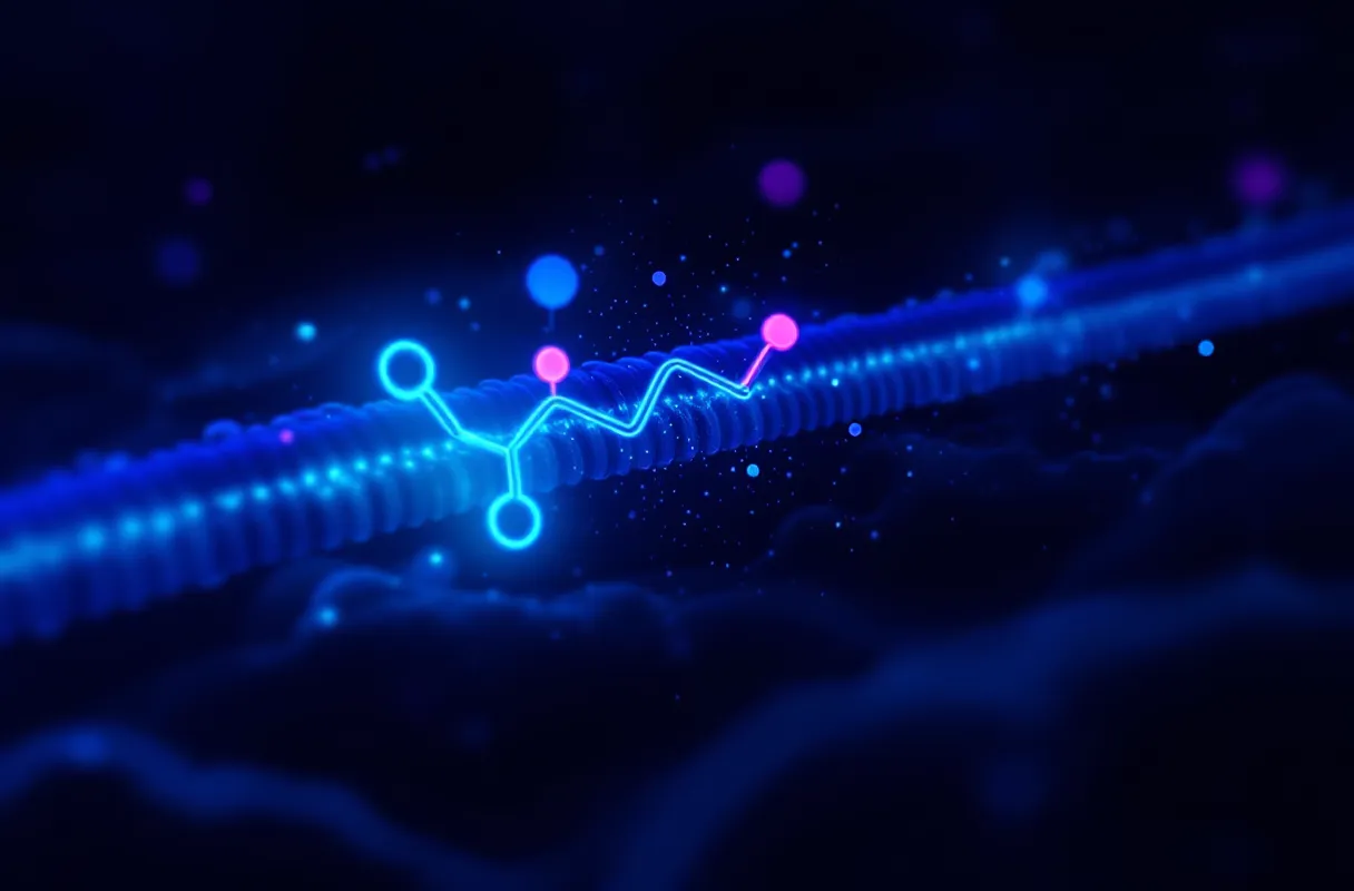 Abstract illustration of a peptide ligand docking into a G-protein-coupled receptor with radiating signal ripples